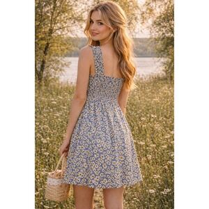 Floral Daisy Ruffle Strap Babydoll Dress Cottagecore Meadow Soft Girl Flowy SZ L